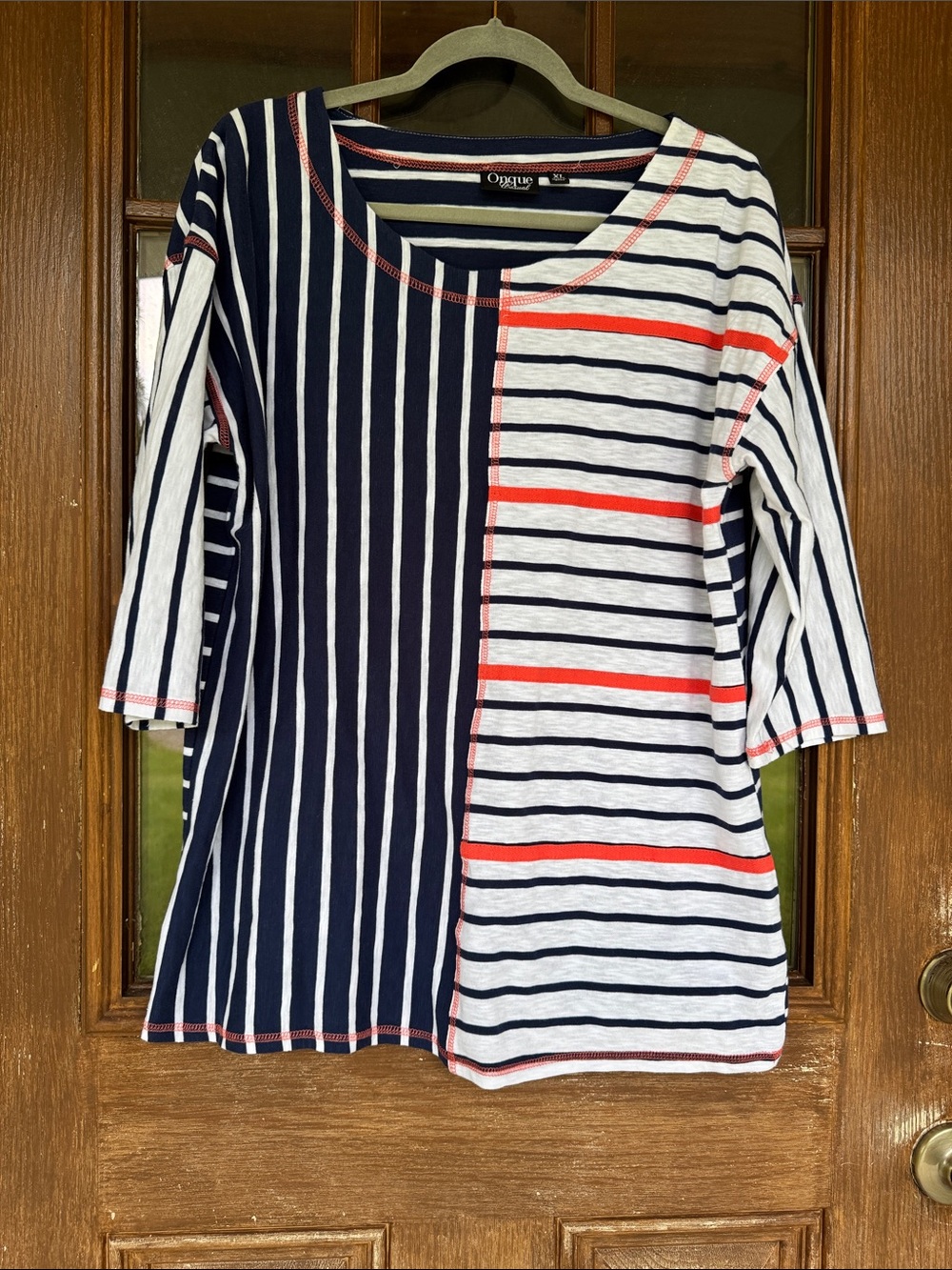 Women's Navy, White & Orange Striped Boatneck Top